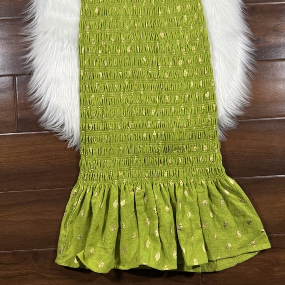 Never Fully Dressed Women's Size Small Green Gold Smocked Jojo Midi Dress - Picture 4 of 13